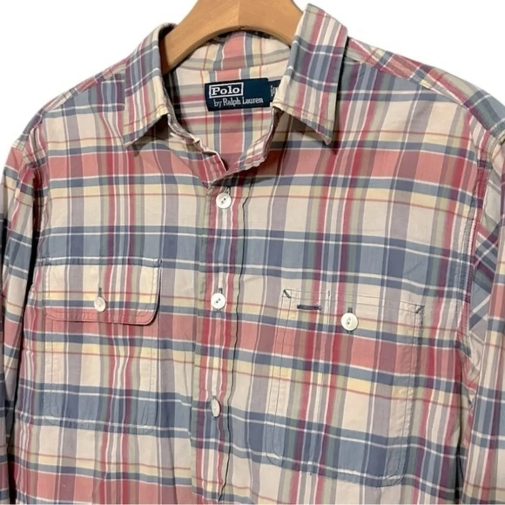 Polo Ralph Lauren Vintage Men’s M Cream Red Blue Green Plaid Button Down Shirt